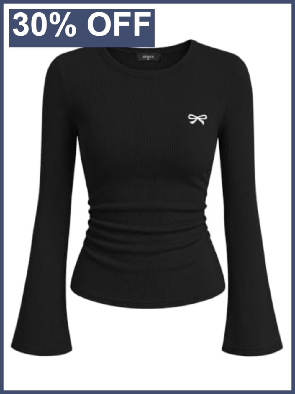 Ribbed Knit Long Sleeve Ruched Fitted Top Crew Neck Slim Fit Tee
